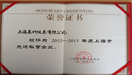 辰竹仪表荣获2012-2013年度“上海市先进私营企业”称号